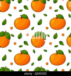 Seamless pattern with oranges, tangerines and leaves. Bright, juicy, summery, fruity pattern. Colored elements in a linear style are isolated. For the Stock Vector