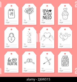 A set of tags for gift wrapping with elements on the theme of Valentine's Day. Doodle-style illustrations are hand-drawn. Black and white vector illus Stock Vector
