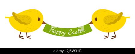 Two chickens hold a ribbon, a banner with the words Happy Easter. Cartoon colorful bird characters. Color vector illustration, a flat-style decorative Stock Vector