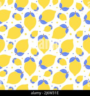 Seamless pattern with lemons. Simple blue-yellow summer pattern with citrus fruit. Flat elements are isolated. Transparent background. For design of k Stock Vector