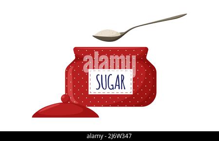 Red polka-dot sugar bowl with open lid and label. Sugar in a spoon. Kitchen utensils, sugar container. Sweet, unhealthy, harmful food. Illustration in Stock Vector