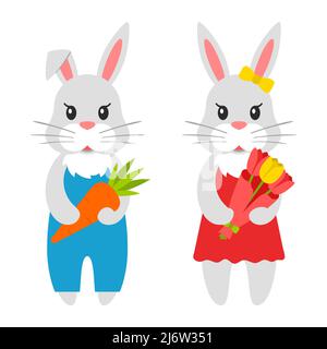 Two simple cute bunnies. Cute characters, a rabbit with a carrot and a bouquet. Bright color vector illustration in a flat style. Isolated on a white Stock Vector