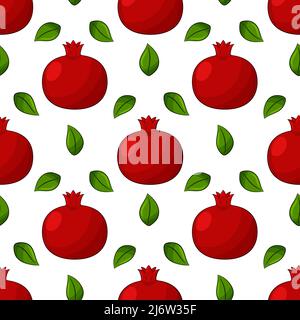 Seamless pattern with pomegranate and leaves. Bright, red, juicy, summery, fruity pattern. Color elements in the linear style are isolated without a b Stock Vector