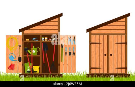 Wooden shed with closed and open doors. Gardening tools are stacked inside the shed and hung on the door. Equipment for growing plants. Vector illustr Stock Vector