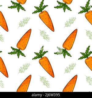 Seamless pattern with carrot and dill. Bright pattern with vegetables. Color elements in the linear style are isolated without a background. For the d Stock Vector