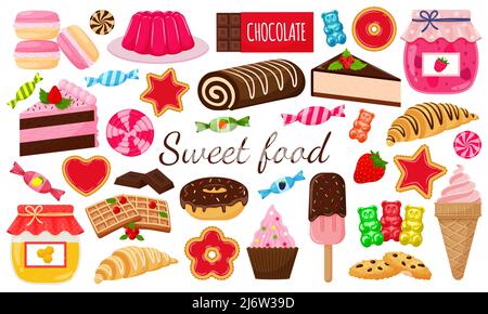 A set of sweets. Sweet pastries, cake, sweets, desserts. A collection of delicious, high-calorie food. Illustration in a cartoon flat style. Isolated Stock Vector