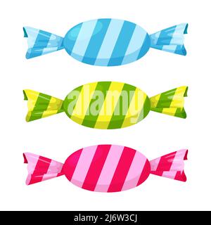 Candy, caramel in a paper striped wrapper. Sweet, unhealthy, bad for the teeth food. Dessert, snack, children's food. Illustration in cartoon flat sty Stock Vector