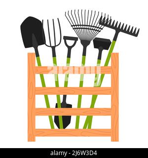 A collection of garden tools in a wooden box. Rake, shovel, pitchfork, hoe. A set of equipment for gardening, spring. Design elements in a cartoon fla Stock Vector