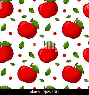 Seamless pattern with apples and leaves. Bright, red, juicy, summery, fruity pattern. Colored elements with a stroke, in a linear style are isolated. Stock Vector