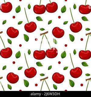 Seamless pattern with cherry and leaves. Bright, red, juicy, summery, fruity pattern. Color elements in the linear style are isolated without a backgr Stock Vector