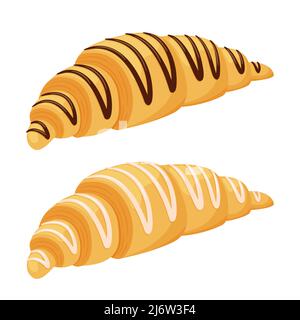 Croissant with chocolate and cream topping. Fat, high-calorie, unhealthy food. Dessert, yummy treat, treat. Realistic illustration in cartoon flat sty Stock Vector