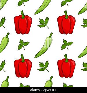 Seamless pattern with peppers and parsley. Bright, juicy, summer pattern with vegetables. Color elements in the linear style are isolated. For the des Stock Vector