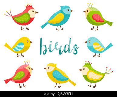 A set of bright cute birds. A collection of cartoon spring birds in a flat style. Design elements for spring, summer, and childrens themes. olor vecto Stock Vector