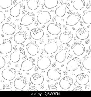 Seamless pattern with different fruits and berries. Black and white hand-drawn linear elements are isolated on a transparent background. For the desig Stock Vector