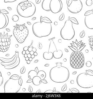 Seamless pattern with different fruits and berries. Black and white hand-drawn linear elements are isolated on a transparent background. For the desig Stock Vector