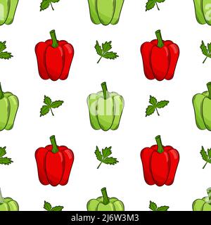 Seamless pattern with peppers and parsley. Bright, juicy, summer pattern with vegetables. Color elements in the linear style are isolated. For the des Stock Vector