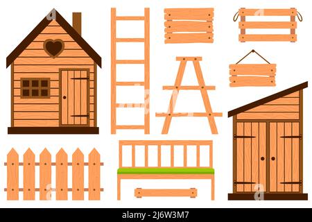 Collection of wooden garden accessories. Fence, boxes, ladder, shed, bench.Gardening, garden furniture.Design elements in a cartoon flat style. Color Stock Vector