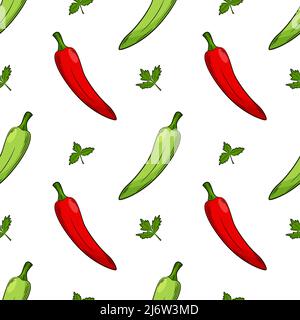 Seamless pattern with peppers and parsley. Bright, juicy, summer pattern with vegetables. Color elements in the linear style are isolated. For the des Stock Vector
