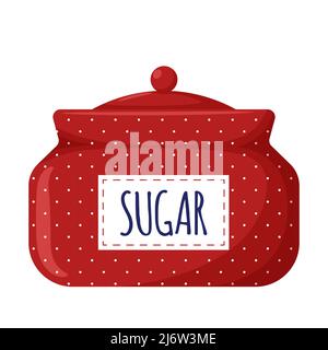 Red sugar bowl with polka dots. With lid and label. Kitchen utensils, sugar container. Sweet food. Illustration in cartoon flat style. Isolated on a w Stock Vector