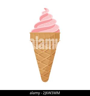 Strawberry pink ice cream in a waffle cone Sweet, fat, high-calorie, unhealthy food, dessert, treat. The symbol of summer. Color vector illustration i Stock Vector