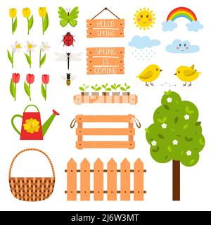 Collection of design elements on the theme of spring. Tulips, chickens, seedlings in a box, baskets, watering can. A set of vector illustrations in a Stock Vector