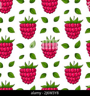 Seamless pattern with raspberry berries and leaves. Bright, red, juicy, summery, fruity pattern. Colored elements with a stroke, in a linear style are Stock Vector