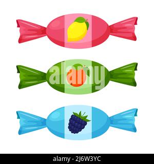 Candy, caramel in a paper wrapper with fruit. Sweet, unhealthy, bad for the teeth food. Dessert, snack, children's food. Illustration in cartoon flat Stock Vector