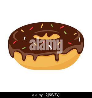 Donut with chocolate icing and decorative sprinkles. Sweet, fatty, high-calorie, unhealthy food, dessert, treat. Color vector illustration in cartoon Stock Vector