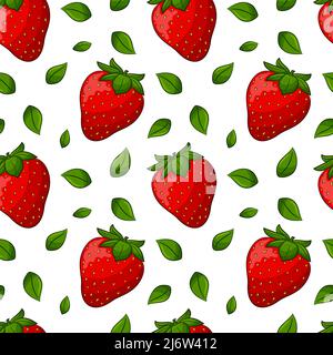Seamless pattern with strawberries and leaves. Bright, red, juicy, summery, fruity pattern. Colored elements with a stroke, in a linear style are isol Stock Vector