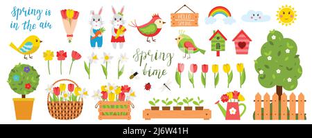Collection of design elements on the theme of spring, summer. Birds, bunnies, chickens. Cute characters. A set of color vector illustrations in a flat Stock Vector
