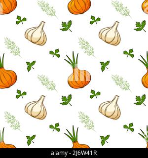 Seamless pattern with onion and garlic, herbs. Bright pattern with vegetables. Color elements in the linear style are isolated without a bg. For the d Stock Vector