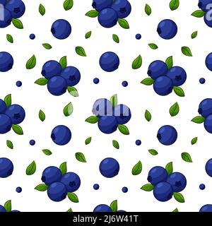Seamless pattern with blueberries and leaves. Bright, blue, juicy, summery, fruity pattern. Color elements in the linear style are isolated without a Stock Vector
