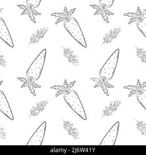 Seamless pattern with carrot and dill. Black and white pattern with vegetables. Elements in the linear style are isolated without a background. For th Stock Vector