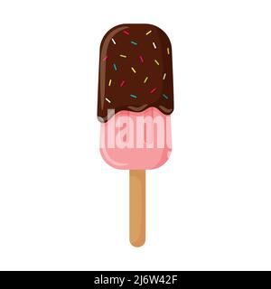 Ice cream on a stick, pink popsicle with chocolate icing and decorative sprinkles. Sweet, high-calorie, unhealthy food, dessert. Color vector illustra Stock Vector