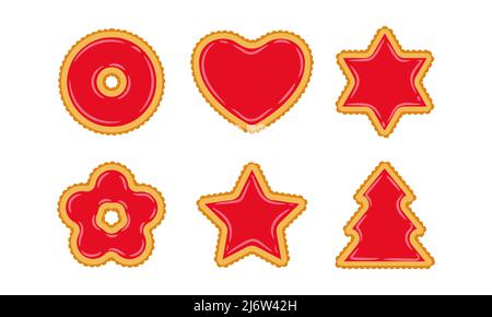 Set of cookies of different shapes with red jelly filling. Fat, high-calorie, unhealthy food. Dessert, yummy, delicious. Illustration in cartoon flat Stock Vector