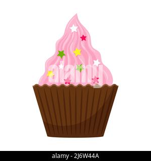 Cupcake, a cake with pink cream and decorative sprinkles. Sweet, high-calorie, unhealthy food, dessert, treat. Color vector illustration in cartoon fl Stock Vector