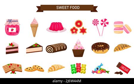 A set of sweets. Sweet pastries, cake, sweets, desserts. A collection of delicious, high-calorie food. Illustration in a cartoon flat style. Isolated Stock Vector