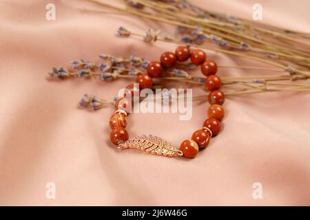 Bracelet jewelry made of jasper stone. Handmade jewelry Stock Photo