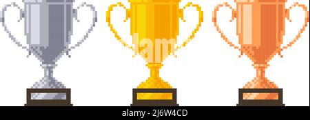 Pixel trophy cups and medals. Vector illustration. Stock Vector