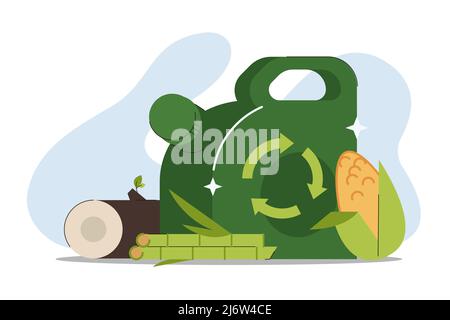 Biofuel eco green canister. Ethanol or biodiesel from biomass corn and wood, cellulose or sugar cane. Metal fuel gas can, car gasoline or petrol jerrycan flat vector illustration. Stock Vector