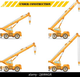 Detailed illustration of colored crane truck with different boom position, heavy equipment and machinery. Construction machine. Vector illustration. Stock Vector