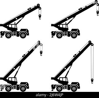 Silhouette of crane truck with different boom position. Heavy construction machine. Heavy equipment and machinery. Vector illustration. Stock Vector