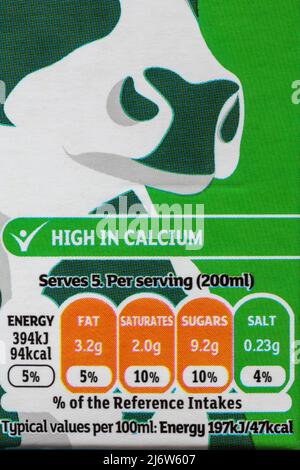 Nutritional information traffic lights system labelling colour coded label information on carton of semi skimmed British milk by Sainsbury's Stock Photo