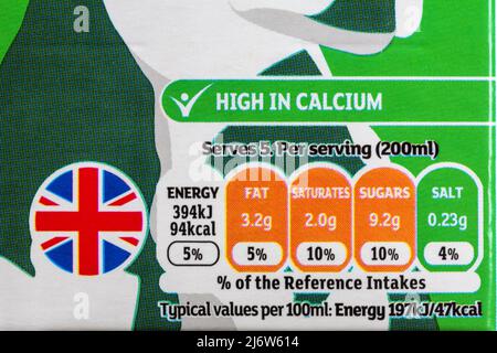 Nutritional information traffic lights system labelling colour coded label information on carton of semi skimmed British milk by Sainsbury's Stock Photo