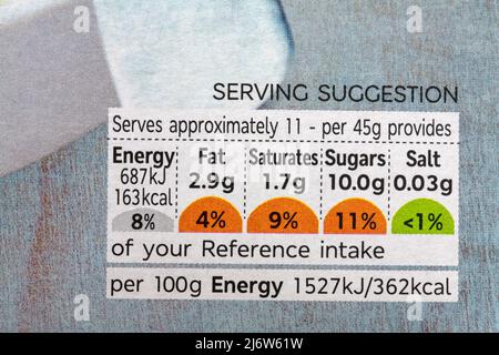 Nutritional information traffic lights system labelling colour coded label information on box of M&S fruit muesli Stock Photo