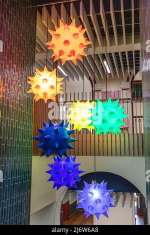 Modern pendant lighting at the Thackray Museum of Medicine in Leeds, Yorkshire, England UK Stock Photo