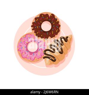 Dessert plate with croissant and donuts, top view. Sweet pastries for a coffee break or morning breakfast. Isolated vector illustration. Stock Vector