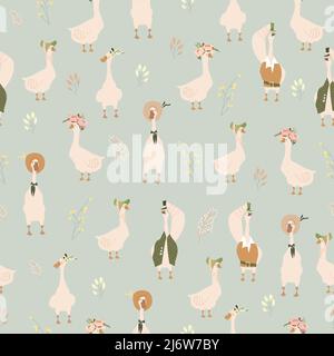 Seamless Pattern with Cartoon Gooses and Flowers Stock Vector