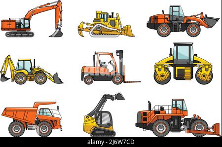 Detailed illustration of heavy equipment and machinery in a flat style Stock Vector