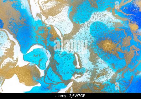 Alcohol-based ink texture in blue tones with gold. Copy space. Stock Photo